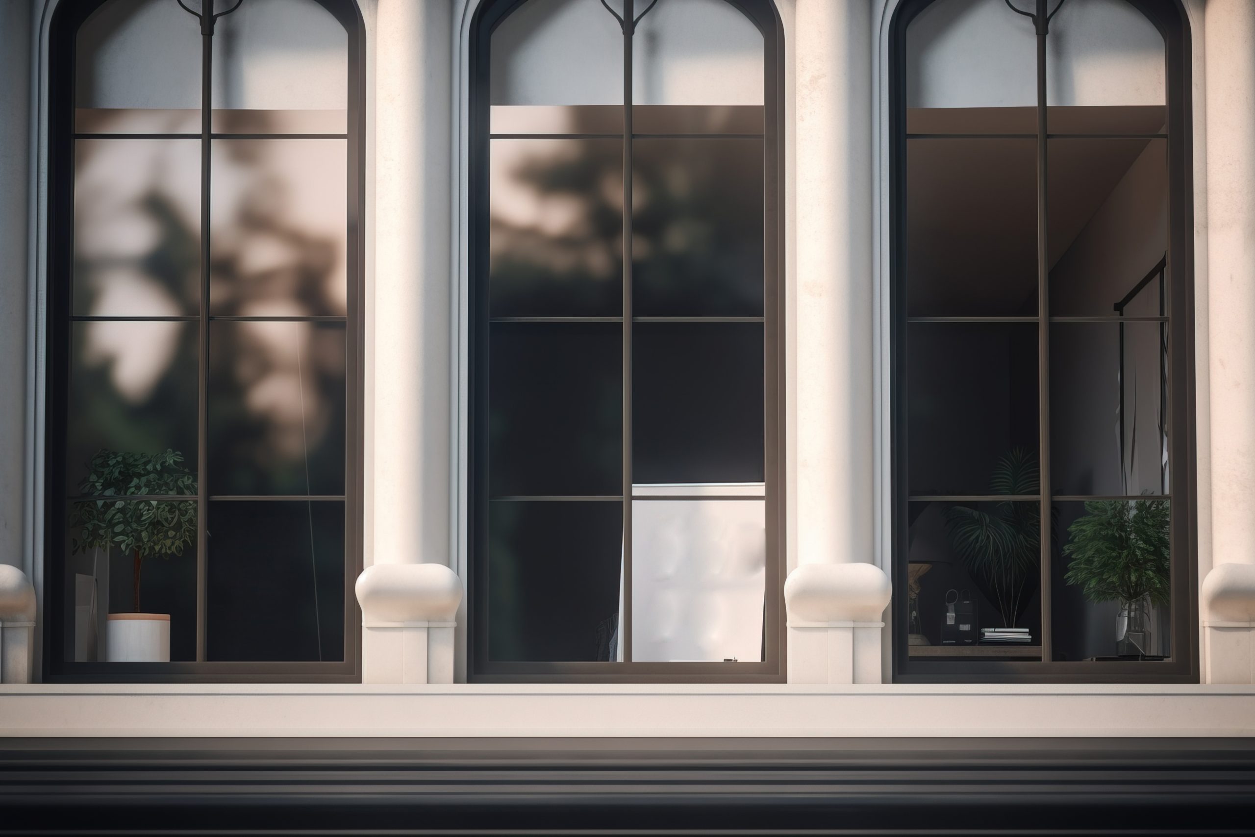 Empty glass shop windows from the street. Mock up. AI generated.