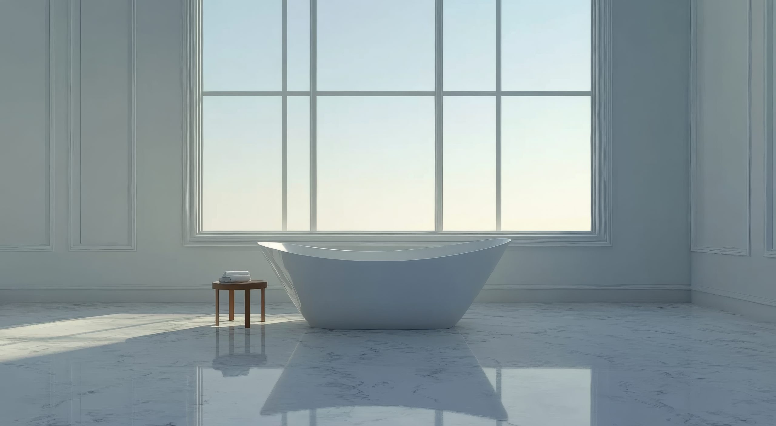 Modern bathroom interior featuring a stylish freestanding bathtub bathed in natural light Smart Film Residential Solutions