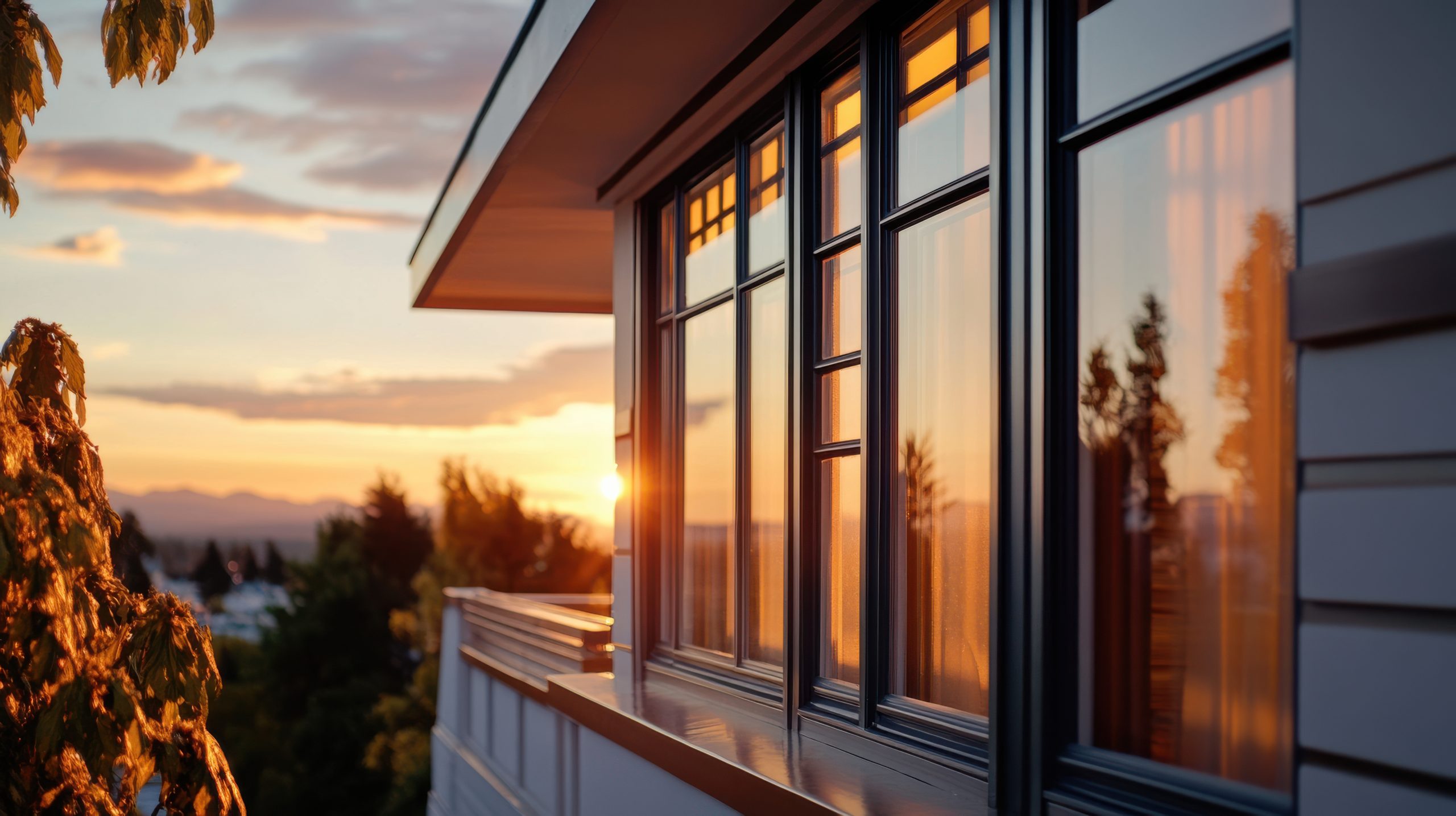 stunning sunset reflecting on modern house windows