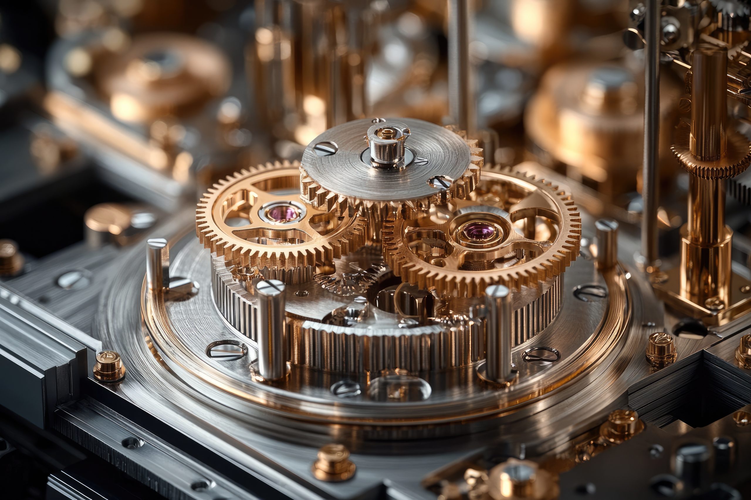 Complex clockwork mechanism with gears rotating smoothly